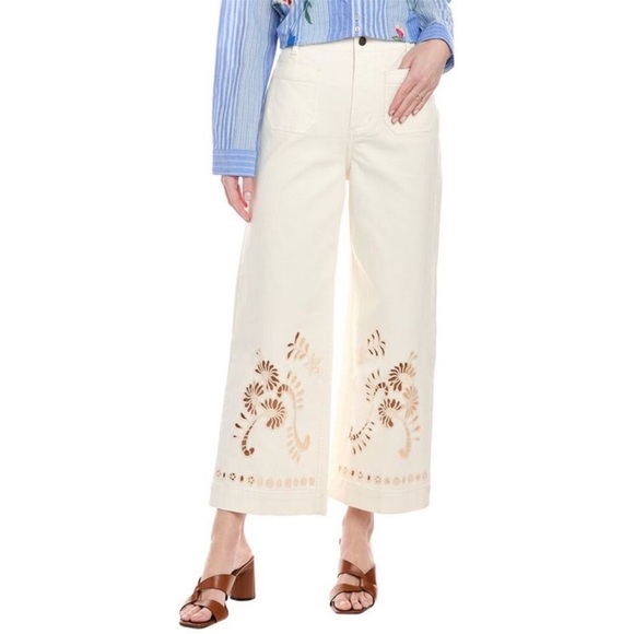 Johnny Was | Cream Denim Charlotta Cropped Wide Leg Jeans Eyelet Lace Hem - Picture 1 of 7